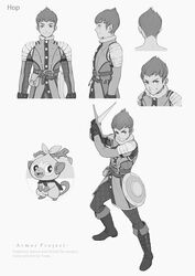  1boy alternate_costume armor belt boot_straps boots buttons chainmail character_name closed_mouth commentary copyright_name fighting_stance gloves greyscale grin grookey highres holding holding_sword holding_weapon hop_(pokemon) kazuko_(towa) legs_apart male_focus monochrome multiple_views pokemon pokemon_(creature) pokemon_swsh pouch shield short_hair shoulder_armor simple_background smile standing stick studs sword teeth weapon white_background 