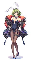  animal_ears bare_shoulders black_leotard blue_eyes blue_footwear breasts brown_pantyhose buttons cleavage closed_mouth coat collar collarbone commentary_request female fishnet_pantyhose fishnets full_body gloves green_eyes green_hair hand_on_own_hip heterochromia high_heels highleg highleg_leotard highres idolmaster idolmaster_cinderella_girls legs leotard long_hair looking_at_viewer md5_mismatch medium_breasts mole mole_under_eye open_clothes open_coat pantyhose playboy_bunny puffy_coat pumps rabbit_ears shiny_clothes shiny_footwear shiny_skin shirokuma_a simple_background smile solo standing strap strapless strapless_leotard takagaki_kaede white_background white_gloves zipper 