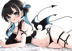  :q absurdres arm_strap black_choker black_hair blue_eyes blue_hair breasts choker cleavage cleavage_cutout clothing_cutout colored_inner_hair commentary_request demon_girl demon_tail demon_wings ear_piercing earrings female hair_rings highres jewelry long_hair looking_at_viewer lying mashiro_io medium_breasts multicolored_hair navel o-ring o-ring_arm_strap o-ring_choker o-ring_thigh_strap on_side original panties piercing pointy_ears side-tie_panties skindentation solo stomach tail thigh_strap tongue tongue_out twintails underwear wing_hair_ornament wings 