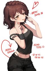  absurdres akanbe arm_tattoo arrow_(symbol) belt birthday black_panties black_pants black_tank_top blood_type braid breasts brown_eyes brown_hair character_name cleavage commentary eyelid_pull female hair_ornament hairclip hands_up hano9789 heart highres idolmaster idolmaster_million_live! idolmaster_million_live!_theater_days index_finger_raised jewelry kasuga_mirai light_blush looking_at_viewer measurements medium_breasts medium_hair midriff navel necklace panties pants single_bare_shoulder solo tank_top tattoo teeth thong tongue tongue_out underwear upper_teeth_only white_background wristband 