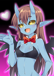  :d bare_arms black_background black_bra black_sclera blue_skin bow bowtie bra breasts brown_hair colored_sclera colored_skin commentary_request cowboy_shot demon_girl demon_wings female fujinami_(fjnm000) hair_between_eyes hand_up heart horns howakko_bright ishuzoku_reviewers long_hair looking_at_viewer monster_girl navel oerba_yun_fang oni_horns open_mouth outline pink_background pink_outline pointy_ears red_bow red_bowtie short_eyebrows small_breasts smile solo two-tone_background underwear wings yellow_eyes 