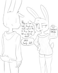  2022 agidyne anthro bodily_fluids clothing comic_book dialogue duo english_text female head_tuft hi_res lagomorph male mammal monochrome rose_(agidyne) simple_background stephen_(agidyne) sweat sweater text topwear tuft white_background 