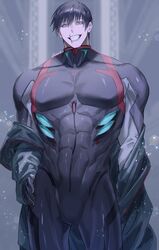  1boy bara black_bodysuit black_gloves black_hair black_jacket bodysuit cosplay fushiguro_touji gloves green_eyes highres ikari_shinji ikari_shinji_(cosplay) jacket jujutsu_kaisen large_pectorals looking_at_viewer male_focus muscular muscular_male neon_genesis_evangelion off_shoulder open_clothes open_jacket papagro12 pectorals scar scar_on_face scar_on_mouth short_hair smile solo teeth twitter_username 