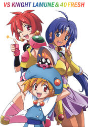  1990s_(style) 3girls ahoge arms_behind_head arms_up blonde_hair blue_eyes blue_hair blush_stickers breasts cacao_(lamune) copyright_name dark-skinned_female dark_skin earrings fingerless_gloves gloves hat headband height_difference highres index_finger_raised jewelry large_breasts lemon_(vs_knight_lamune_&amp;_40_fresh) long_hair looking_at_viewer multiple_girls non-web_source official_art open_mouth parfait_(lamune) pq_(lamune) red_eyes red_hair retro_artstyle scan short_hair simple_background vs_knight_lamune_&amp;_40_fresh white_background 