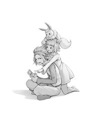  1boy brother_and_sister commentary dress eevee female game_boy_advance_sp greyscale hairband handheld_game_console highres holding holding_handheld_game_console jovi_(pokemon) kazuko_(towa) kneeling long_sleeves looking_back michael_(pokemon) monochrome on_head open_mouth pants pantyhose playing_games pointing pokemon pokemon_(creature) pokemon_on_head pokemon_xd shirt short_hair siblings sitting smile socks sweatdrop tongue vest 