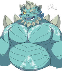  anthro belly blush cipactli_(tas) dragon eyebrows fangs green_body hi_res horn lifewonders male musclegut muscular mythological_creature mythological_scalie mythology one_eye_closed open_mouth pecs ptcmtr scalie shirtless smile solo teeth thick_eyebrows tokyo_afterschool_summoners wink yellow_sclera 