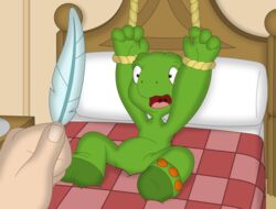  absurd_res anthro bed duo feathers featureless_crotch franklin_turtle furniture green_body hi_res human male mammal nude offscreen_character open_mouth porygon2z reptile rope scalie shell-less spread_legs spreading turtle young young_anthro young_male 