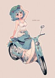  alternate_costume arm_support bare_arms bare_shoulders bicycle black_footwear blue_eyes blue_hair blue_pants blush breasts cleavage english_text female flat_cap full_body green_hat grey_background hair_bobbles hair_ornament hat highres honda_super_cub kawashiro_nitori looking_at_viewer medium_breasts motor_vehicle motorcycle open_mouth outline pants short_hair simple_background sitting solo sweat tank_top touhou touya_(konpekitou) two_side_up white_outline white_tank_top 