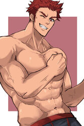  1boy abs bara clenched_hand commentary_request highres large_pectorals looking_at_viewer male_focus mature_male muscular muscular_male navel open_mouth original pectorals smile solo stomach topless_male yani_(yano_023) 