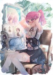  absurdres arm_up belt belt_buckle black_ribbon black_skirt blush book breasts buckle collared_shirt commentary_request dissolving_clothes dress_shirt feet_out_of_frame female glasses high-waist_skirt highres hiiragi_mikoto liquid_clothes liquid_hair long_hair medium_breasts mirror monster_girl navel neck_ribbon no_bra on_chair open_book open_mouth original ponytail purple-framed_eyewear purple_eyes purple_hair reflection ribbon round_eyewear sae_(hiiragi_mikoto) shirt short_sleeves sitting skirt slime_girl solo suspender_skirt suspenders thighhighs tying_hair underboob v-shaped_eyebrows wavy_mouth white_shirt white_thighhighs zettai_ryouiki 