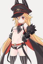  bikini black_bikini black_gloves black_thighhighs blade_(galaxist) blonde_hair breasts cleavage commentary crop_top elbow_gloves female fur_trim gloves grey_background hair_between_eyes hands_on_own_hips hat himitsu_kessha_schwarzschild jacket long_hair looking_at_viewer medium_breasts midriff military_hat navel open_clothes open_jacket orange_eyes photoshop_(medium) pinstripe_legwear pinstripe_pattern simple_background solo striped_clothes striped_thighhighs swimsuit thighhighs toudou_chloe tsurime vertical-striped_clothes vertical-striped_thighhighs very_long_hair virtual_youtuber 