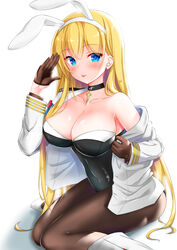  akira_(sayo_dayoo) alternate_costume animal_ears azur_lane azur_lane:_slow_ahead bare_shoulders black_gloves blonde_hair blue_eyes blush boots breasts choker cleavage covered_navel cross cross_choker fake_animal_ears female gloves hair_between_eyes hairband half_gloves highres jacket large_breasts leotard long_hair looking_at_viewer military military_jacket military_uniform naval_uniform north_carolina_(azur_lane) one_eye_closed pantyhose playboy_bunny rabbit_ears shadow smile solo tongue tongue_out uniform 