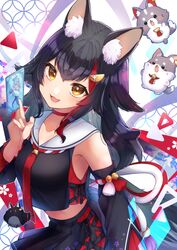  animal_ear_fluff animal_ears bell between_fingers black_hair black_serafuku black_shirt black_skirt black_sleeves breasts card card_between_fingers choker commentary cropped_shirt detached_sleeves female flipped_hair hair_between_eyes hatotaurus_(ookami_mio) highres holding hololive jingle_bell kouhaku_nawa kuwaefuru long_hair looking_at_viewer low-tied_long_hair medium_breasts miniskirt miofa_(ookami_mio) multicolored_hair necktie ookami_mio ookami_mio_(1st_costume) pleated_skirt red_choker red_hair red_necktie rope sailor_collar school_uniform serafuku shimenawa shirt side-tie_shirt skirt sleeveless sleeveless_shirt solo spiked_hair streaked_hair tarot tarot_(card) very_long_hair virtual_youtuber white_sailor_collar wolf_ears yellow_eyes 