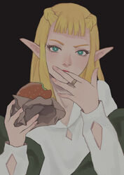  bad_id bad_pixiv_id black_background blonde_hair blue_eyes blunt_bangs braid burger clothing_cutout dungeon_meshi elf eyelashes female finger_sucking fingernails food food_wrapper hands_up holding holding_food jewelry long_hair long_sleeves looking_at_viewer pattadol pointy_ears red_lips ring shirt simple_background solo sunakienn twin_braids upper_body white_shirt 