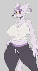  anthro athletic athletic_anthro athletic_female big_breasts black_sweatpants bodily_fluids bottomwear breasts cleavage clothed clothing cooliehigh dark_markings eye_markings eyebrows eyelashes facial_markings female fur generation_5_pokemon grey_background half-closed_eyes head_markings hi_res lidded_eyes markings mienshao narrowed_eyes nintendo open_mouth pants pattern_clothing pokemon pokemon_(species) purple_body purple_fur purple_markings raised_inner_eyebrows red_eyes shirt simple_background small_waist solo standing striped_clothing stripes sweat tank_top thick_thighs topwear whisker_markings whiskers white_clothing white_shirt white_stripes white_tank_top white_topwear yellow_markings 