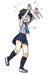  :d black_hair black_legwear blue-framed_eyewear closed_eyes double_high_five female glasses high_five kneehighs maruput necktie open_mouth original pleated_skirt school_uniform shoes short_hair skirt smile socks uwabaki white_background 