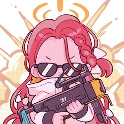  :&lt; blue_archive braid chibi closed_mouth commentary_request explosion female forehead grenade_launcher gun h&amp;k_ag36 hair_ribbon halo heckler_&amp;_koch highres holding holding_gun holding_weapon jacket koru_koruno long_hair long_sleeves polka_dot power_symbol red_hair ribbon serious sleeves_past_wrists solo sunglasses upper_body v-shaped_eyebrows weapon white_background white_jacket yuzu_(blue_archive) 