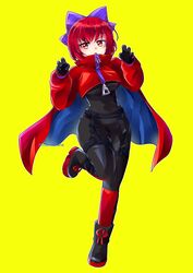  adapted_costume akatsuki_records artist_name belt black_belt black_bodysuit black_footwear black_gloves blue_cape blush bodysuit boots bow breasts cape female footwear_bow full_body garter_straps gloves hair_between_eyes hairbow hajimakura hands_up highres large_breasts leg_up long_sleeves looking_at_viewer open_mouth puffy_long_sleeves puffy_sleeves purple_bow red_bow red_cape red_eyes red_hair rock_&#039;n&#039;_rock_&#039;n&#039;_beat sekibanki short_hair simple_background skin_tight solo standing standing_on_one_leg tongue touhou triangle two-tone_cape v-shaped_eyebrows watermark yellow_background zipper 