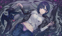  bird black_jacket black_nails blue_eyes blue_hair breasts commentary crow denim enporion female highres jacket jeans leather leather_jacket long_sleeves looking_at_viewer medium_breasts midriff mole mole_under_eye navel open_clothes open_fly open_jacket original panties pants parted_lips purple_panties shirt short_hair solo stained_clothes unbuttoned underwear white_shirt 