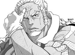  1boy amatsumara_(housamo) arm_hair bara beard dark-skinned_male dark_skin facial_hair gloves greyscale hand_up heterochromia highres hijirino_yuuta long_sideburns looking_at_viewer male_focus monochrome muscular muscular_male old old_man scar scar_on_face short_hair sideburns simple_background solo thick_eyebrows tokyo_afterschool_summoners upper_body white_background wrinkled_skin 