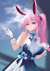  :o absurdres animal_ear_fluff animal_ears bare_shoulders blue_dress blurry blurry_background breasts chinese_commentary commentary dated depth_of_field diaoyidimaomao dress female gloves hair_between_eyes hair_ornament hands_up highres honkai_(series) honkai_impact_3rd large_breasts long_hair parted_lips pink_hair ponytail purple_eyes sleeveless sleeveless_dress solo star_(symbol) star_hair_ornament white_gloves yae_sakura yae_sakura_(goushinnso_memento) 