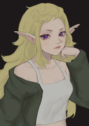  bad_id bad_pixiv_id bare_shoulders black_background blonde_hair breasts camisole closed_mouth dungeon_meshi elf eyelashes female fleki green_jacket head_rest jacket long_hair long_sleeves looking_at_viewer notched_ear off_shoulder open_clothes open_jacket pointy_ears purple_eyes red_lips simple_background slit_pupils solo sunakienn upper_body 