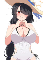  absurdres black_hair blue_archive braid breasts casual_one-piece_swimsuit cleavage commentary cosplay curvy female flying_sweatdrops hair_over_one_eye halo hat highres hinata_(blue_archive) hinata_(blue_archive)_(cosplay) hinata_(swimsuit)_(blue_archive) large_breasts long_bangs long_hair looking_at_viewer official_alternate_costume one-piece_swimsuit parted_lips red_eyes sidelocks simple_background single_braid sleeveless solo straw_hat sun_hat swimsuit white_background white_one-piece_swimsuit zhyseven 