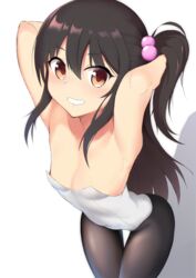  adachi_tenka arched_back armpits arms_up bare_arms bare_shoulders black_pantyhose breasts brown_eyes brown_hair cleavage collarbone covered_navel cowboy_shot coyomin eyelashes female from_above grin hair_between_eyes hair_bobbles hair_ornament hand_in_own_hair highres leaning_forward leotard long_hair looking_at_viewer one_side_up pantyhose shoujo_ramune sidelocks simple_background small_breasts smile solo straight_hair thigh_gap white_background white_leotard 