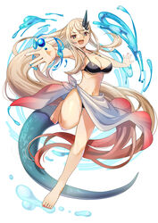  :d bare_legs bare_shoulders barefoot bikini black_bikini blue_eyes blue_nails breasts cleavage dragon_tail female full_body highres horns long_hair looking_at_viewer multicolored_eyes nail_polish navel open_mouth original outstretched_arms outstretched_hand red_eyes red_nails ryofuhiko sarong simple_background smile solo swimsuit tail toenail_polish toenails very_long_hair water white_background white_sarong 