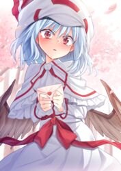  ascot bad_id bad_pixiv_id bat_wings beret blue_hair blush capelet cherry_blossoms commentary_request cowboy_shot envelope female frilled_capelet frills hair_between_eyes hat head_tilt heart highres holding holding_envelope ina_(inadahime) looking_at_viewer love_letter nail_polish parted_lips petals pink_nails red_eyes remilia_scarlet solo touhou white_ascot white_capelet white_hat wings 