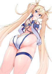  ass back bad_id bad_pixiv_id bare_shoulders blonde_hair blue_eyes blush bradamante_(fate) bradamante_(third_ascension)_(fate) braid breasts commentary crown_braid elbow_gloves fate/grand_order fate_(series) female from_behind gloves hair_between_eyes highleg long_hair looking_at_viewer looking_back medium_breasts sikijou77o simple_background solo standing thigh_strap thighs twintails very_long_hair white_background 