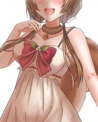  absurdres acorn ayunda_risu ayunda_risu_(1st_costume) bow breasts brown_hair cleavage collar collarbone commentary_request dress female head_out_of_frame highres hololive hololive_indonesia large_breasts leaf low_twintails open_mouth red_bow rynn_(darknescorez) smile solo spaghetti_strap squirrel_girl squirrel_tail tail twintails upper_body virtual_youtuber white_dress 