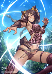  adsouto armor bikini_armor body_fur braid breasts brown_eyes brown_hair dark-skinned_female dark_skin facial_mark female fire_emblem fire_emblem_awakening grin highres long_hair medium_breasts navel panne_(fire_emblem) shoulder_armor signature smile solo tail twin_braids 