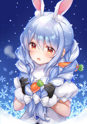  animal_ear_fluff animal_ears black_gloves blue_hair braid breath commentary detached_sleeves don-chan_(usada_pekora) dress female fur-trimmed_gloves fur_trim gloves hair_between_eyes hair_over_shoulder higeneko highres hololive long_hair looking_at_viewer multicolored_hair open_mouth puffy_short_sleeves puffy_sleeves rabbit_ears red_eyes short_eyebrows short_sleeves snowflakes snowing solo thick_eyebrows twin_braids twintails two-tone_hair upper_body usada_pekora usada_pekora_(1st_costume) virtual_youtuber white_dress white_hair white_sleeves 