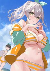  2girls absurdres ball bare_shoulders beach beachball bikini blue_sky blush bow braid breasts cleavage cloud cosplay cowboy_shot day faceless faceless_female fingernails green_eyes grey_hair hair_between_eyes hair_ornament hairbow highres hololive jacket jacket_partially_removed large_breasts light_blush light_smile long_hair looking_at_viewer looking_down multiple_girls navel ocean oozora_subaru oozora_subaru_(cosplay) oozora_subaru_(hololive_summer_2019) open_clothes open_jacket own_hands_together ponytail rum_raisin_(chihiromakita19) shirogane_noel sidelocks sky smile solo_focus standing stomach striped_bikini striped_clothes swimsuit thick_eyelashes unfinished virtual_youtuber water yellow_bikini 