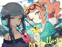  2girls ;) ahoge akakura aqua_nails aqua_shirt black-framed_eyewear black_hair black_shirt blush bra_strap brown_nails cabbie_hat closed_mouth collarbone commentary_request cup dark-skinned_female dark_skin day disposable_cup drink earrings english_text eyeshadow eyewear_on_head fingernails food fruit grey_headwear hair_ornament hat heart heart_hair_ornament holding holding_cup hoop_earrings jewelry lemon lemon_slice lighthouse long_fingernails long_hair long_sleeves looking_at_viewer makeup multiple_girls nail_polish nessa_(pokemon) ocean one_eye_closed orange-tinted_eyewear outdoors parted_lips pokemon pokemon:_twilight_wings pokemon_swsh shirt sidelocks single_sidelock smile sonia_(pokemon) striped_clothes striped_shirt tinted_eyewear upper_body vertical-striped_clothes vertical-striped_shirt 