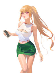  absurdres alternate_costume barbell_piercing bare_shoulders blonde_hair breasts casual cellphone cleavage cleavage_cutout clothing_cutout commentary crop_top ear_piercing fake_nails female fingernails green_skirt highres holding holding_phone hongcasso industrial_piercing kitagawa_marin large_breasts long_hair looking_at_viewer midriff miniskirt mole mole_on_breast navel parted_lips phone piercing pink_eyes pink_lips ponytail shirt sidelocks simple_background skirt sleeveless sleeveless_shirt smartphone solo sono_bisque_doll_wa_koi_wo_suru teeth thighs very_long_hair white_background white_shirt zipper zipper_pull_tab 