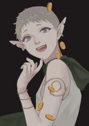  :d armlet bad_id bad_pixiv_id bare_shoulders black_background blue_eyes bracelet coin dungeon_meshi earrings elf eyelashes female fingernails from_side grey_hair hand_up hood hood_down jewelry looking_at_viewer looking_to_the_side notched_ear otta_(dungeon_meshi) pointy_ears short_hair simple_background sleeveless smile solo sunakienn upper_body 