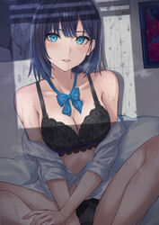  black_bra black_panties blue_bow blue_bowtie blue_eyes blue_hair bow bowtie bra breasts butterfly_sitting cleavage collarbone commentary english_commentary enporion female lace-trimmed_bra lace_trim looking_at_viewer medium_breasts medium_hair mole mole_under_eye open_clothes open_shirt original painting_(object) panties parted_lips shirt sitting solo sweat underwear white_shirt 