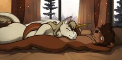  2023 adora_(marsminer) anthro bed cuddling duo equid equine female furniture hi_res horse keith_(marsminer) male male/female mammal marsminer mustelid nude otter 