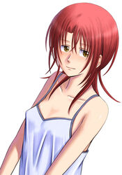  bonnie_(rsg) breasts cleavage closed_mouth collarbone female hair_between_eyes hino_kahoko la_corda_d&#039;oro long_hair looking_at_viewer red_hair shirt simple_background sleeveless sleeveless_shirt small_breasts smile solo spaghetti_strap upper_body white_background white_shirt yellow_eyes 