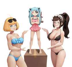  3girls absurdres ahoge bad_id bad_pixiv_id bandeau barefoot bikini black_bikini blonde_hair blue_bikini blue_bow blue_eyes blue_hair blunt_bangs bob_cut bow bow_bikini box breasts brown_hair calligraphy_brush_(medium) cardboard_box closed_eyes collarbone commentary_request constantia_s2 covered_nipples crossed_arms doyagao eyepatch eyewear_on_head glasses griffon_(last_origin) hairbow highres korean_commentary large_breasts last_origin long_hair looking_at_viewer lrl_(last_origin) maid_headdress medium_breasts mole mole_on_breast mole_on_stomach mole_on_thigh moonlit multiple_girls navel one-piece_swimsuit photoshop_(medium) pink_one-piece_swimsuit pink_scrunchie pointing pointing_at_another polka_dot polka_dot_bikini ponytail round_eyewear scrunchie short_hair side-tie_bikini_bottom smile smug standing strapless strapless_bikini striped striped_bow sunglasses swept_bangs swimsuit two_side_up wrist_scrunchie 