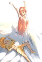  2girls absurdres barefoot bed bed_sheet blonde_hair breasts changetofantasy closed_eyes clothes_lift collarbone hair_between_eyes highres idolmaster idolmaster_cinderella_girls jougasaki_mika jougasaki_rika long_hair lying medium_breasts messy_sleeper midriff multiple_girls on_back on_bed open_mouth pajamas pillow pink_hair ponytail see-through see-through_silhouette shirt_lift siblings sidelighting sisters sitting sleeping small_breasts smile stretching under_covers waking_up 