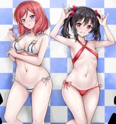  2girls arm_under_breasts ass_visible_through_thighs bare_arms bare_shoulders bikini black_hair blue_background blush bow breasts breath cameltoe checkered_background cleavage collarbone cutie_panther double_w flat_chest grin hairbow hand_up highres looking_at_viewer love_live! love_live!_school_idol_project md5_mismatch medium_breasts medium_hair micro_bikini multiple_girls navel nishikino_maki parted_lips playing_with_own_hair pretzel_bikini purple_eyes r-binon red_bikini red_bow red_eyes red_hair revision side-tie_bikini_bottom sidelocks smile sofmap_background standing step_and_repeat stomach string_bikini striped_bikini striped_clothes sweat sweatdrop swimsuit thighs tile_wall tiles twintails twirling_hair w wet white_bikini yazawa_nico 