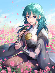  :d aqua_hair armlet armor black_shirt blue_eyes blue_sky bodice breasts bustier byleth_(female)_(fire_emblem) byleth_(fire_emblem) clothing_cutout cloud coat commentary_request day female fire_emblem fire_emblem:_three_houses flower hair_between_eyes large_breasts long_hair looking_at_viewer navel navel_cutout open_mouth pantyhose pantyhose_under_shorts patterned_legwear petals pink_flower shirt shorts shoulder_armor sitting sky smile solo tassel thighs turtleneck vambraces yamigo 