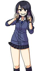  black_eyes black_hair black_socks bubble_tea cardigan female grin holding kneehighs long_hair maruput miniskirt original pleated_skirt school_uniform skirt smile socks solo white_background 