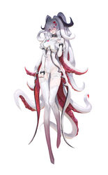  absurdres blush cha_neung collarbone comme_des_garcons covered_navel demon_girl demon_horns female full_body hair_ornament hand_on_own_chest heart heart-shaped_pupils heart_hair_ornament highres horns juliet_sleeves leotard long_hair long_sleeves original puffy_sleeves solo symbol-shaped_pupils tentacle tentacle_clothes tentacle_hair thighhighs very_long_hair white_leotard 