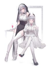  2girls absurdres alternate_costume arknights arm_wrap bandaged_arm bandaged_hand bandages black_dress black_footwear black_veil champagne_flute chinese_commentary closed_mouth collar commentary_request cross_scar crossed_legs cup dress drink drinking_glass full_body gloves grey_eyes grey_hair hand_on_another&#039;s_shoulder head_wings high_heels highres infection_monitor_(arknights) irene_(arknights) legs long_hair looking_at_viewer maid_headdress multiple_girls pantyhose pelvic_curtain pink_pupils qidian_xialingshi red_eyes sandals scar scar_across_eye scar_on_face side_slit sitting sleeveless sleeveless_dress socks socks_over_pantyhose specter_(arknights) strappy_heels thighhighs two-tone_dress veil watermark white_background white_dress white_gloves white_pantyhose white_socks white_thighhighs wings 