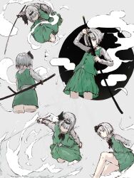  black_bow black_hairband black_ribbon blue_eyes blunt_bangs bow cropped_legs dress female from_above from_side green_dress green_skirt green_vest grey_background hair_ribbon hairband highres holding holding_sword holding_weapon hug hug_from_behind katana konpaku_youmu long_sleeves looking_at_viewer multiple_views myui17901139 puffy_short_sleeves puffy_sleeves ribbon scabbard sheath sheathed shirt short_hair short_sleeves simple_background skirt skirt_set solo sword thighs touhou unsheathing vest weapon white_hair 