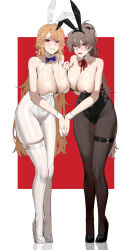  2girls absurdres alternate_breast_size alternate_costume animal_ears asymmetrical_docking azur_lane bare_shoulders black_footwear black_leotard black_pantyhose bow bowtie breast_press breasts brown_hair cleavage detached_collar fake_animal_ears full_body heart_arms_duo highleg highleg_leotard highres jean_bart_(azur_lane) large_breasts leotard long_hair looking_at_viewer multiple_girls orange_hair pantyhose playboy_bunny rabbit_ears red_background richelieu_(azur_lane) shoes simple_background strapless strapless_leotard thigh_strap traditional_bowtie two-tone_background very_long_hair white_background white_footwear white_leotard white_pantyhose wrist_cuffs wsfw 